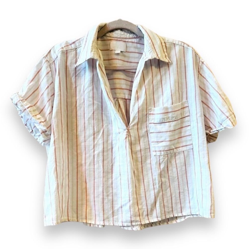 Every Cropped Blouse Sz M White‎ Tan Stripes V-neck Cuffed Sleeves